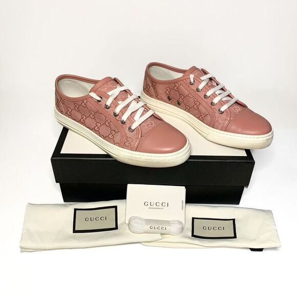Gucci Shoes - Gucci Low Top Cap Toe Sneakers EU 37.5 US 7.5 Pink GG Canvas Leather Flat Shoes